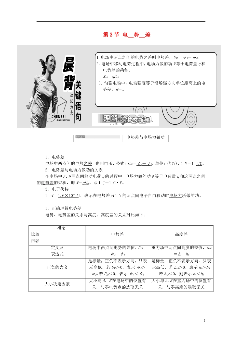 高中物理 第2章 电势能与电势差 第3节 电势差学案 鲁科版选修3-1-鲁科版高二选修3-1物理学案_第1页