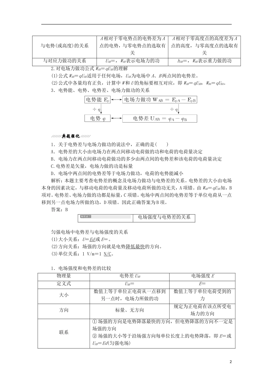 高中物理 第2章 电势能与电势差 第3节 电势差学案 鲁科版选修3-1-鲁科版高二选修3-1物理学案_第2页