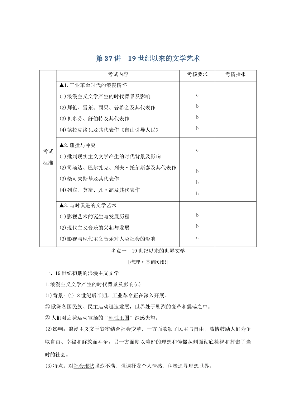 （浙江选考）高考历史一轮复习 专题十六 第37讲 19世纪以来的文学艺术学案-人教版高三全册历史学案_第1页