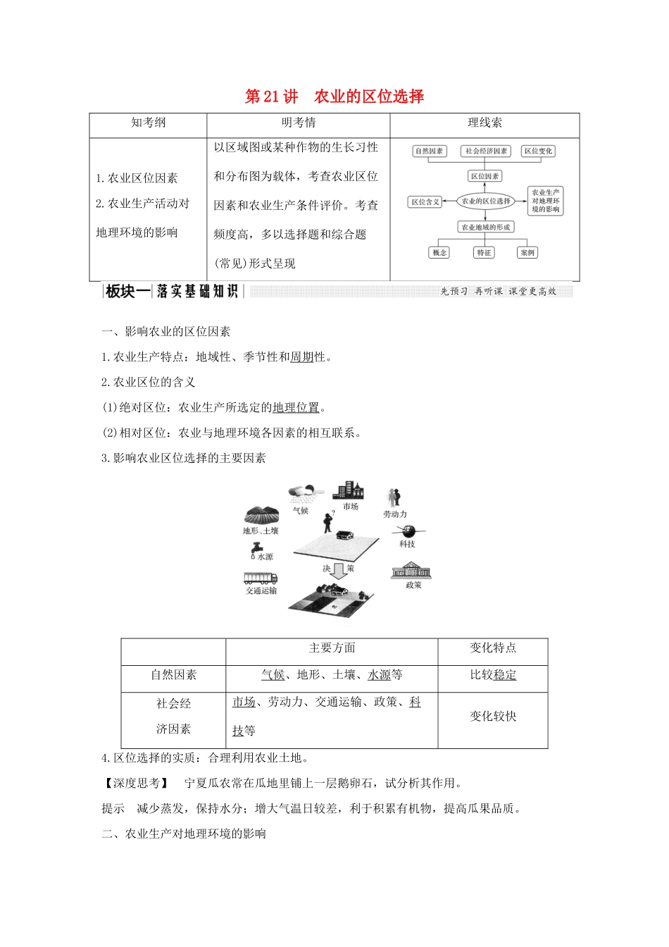 高考地理一轮复习 第八单元 产业活动与地理环境 第21讲 农业的区位选择学案 鲁教版-鲁教版高三全册地理学案_第1页