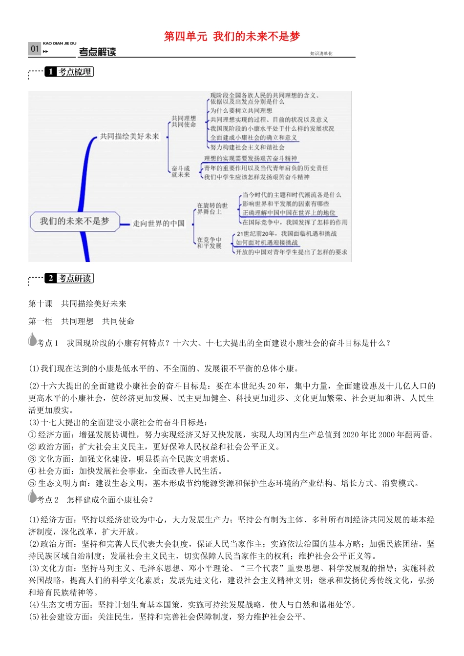 春中考政治 考点梳理复习 九年级 第四单元 我们的未来不是梦学案 鲁教版-鲁教版初中九年级全册政治学案_第1页