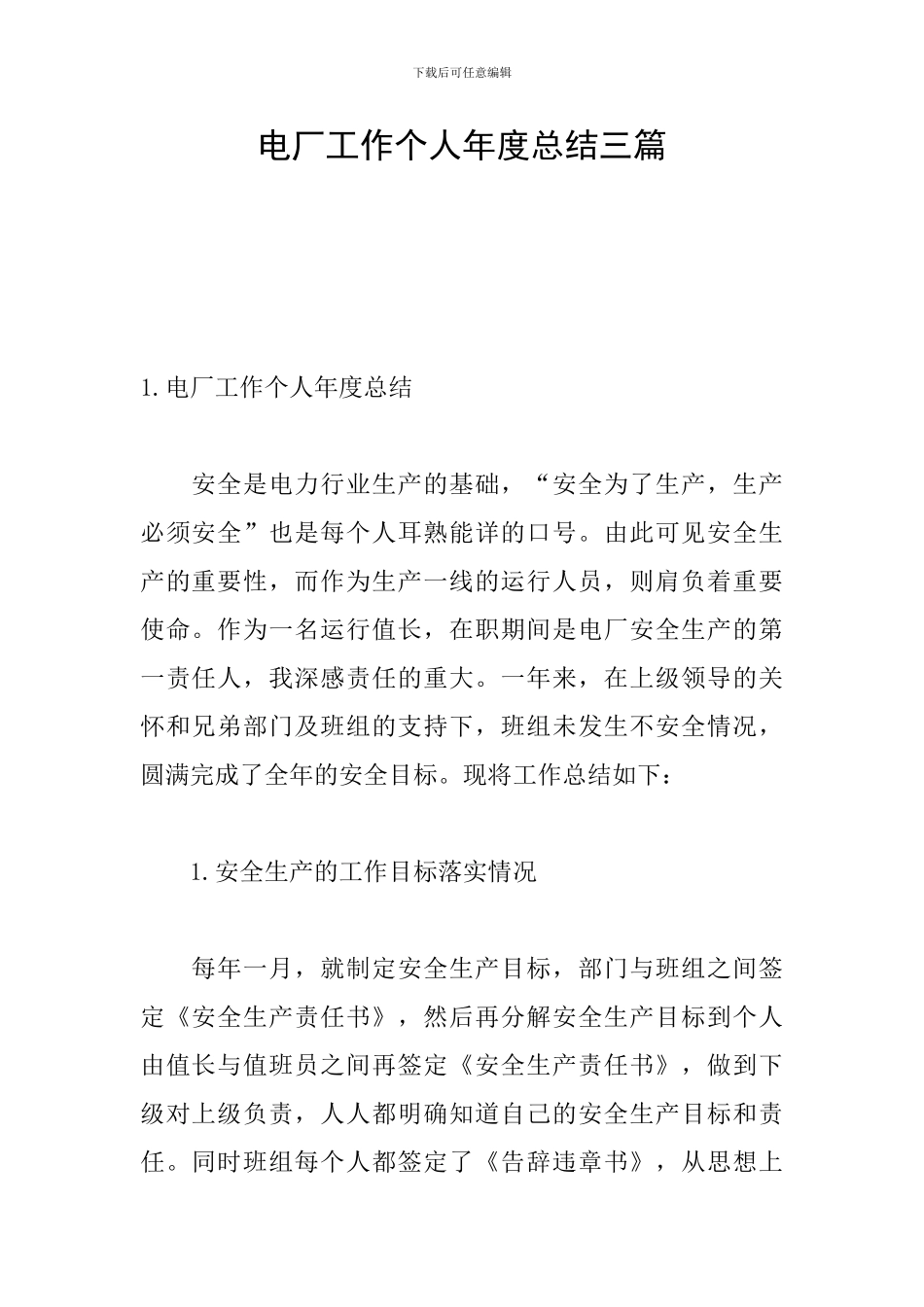 电厂工作个人年度总结三篇_第1页