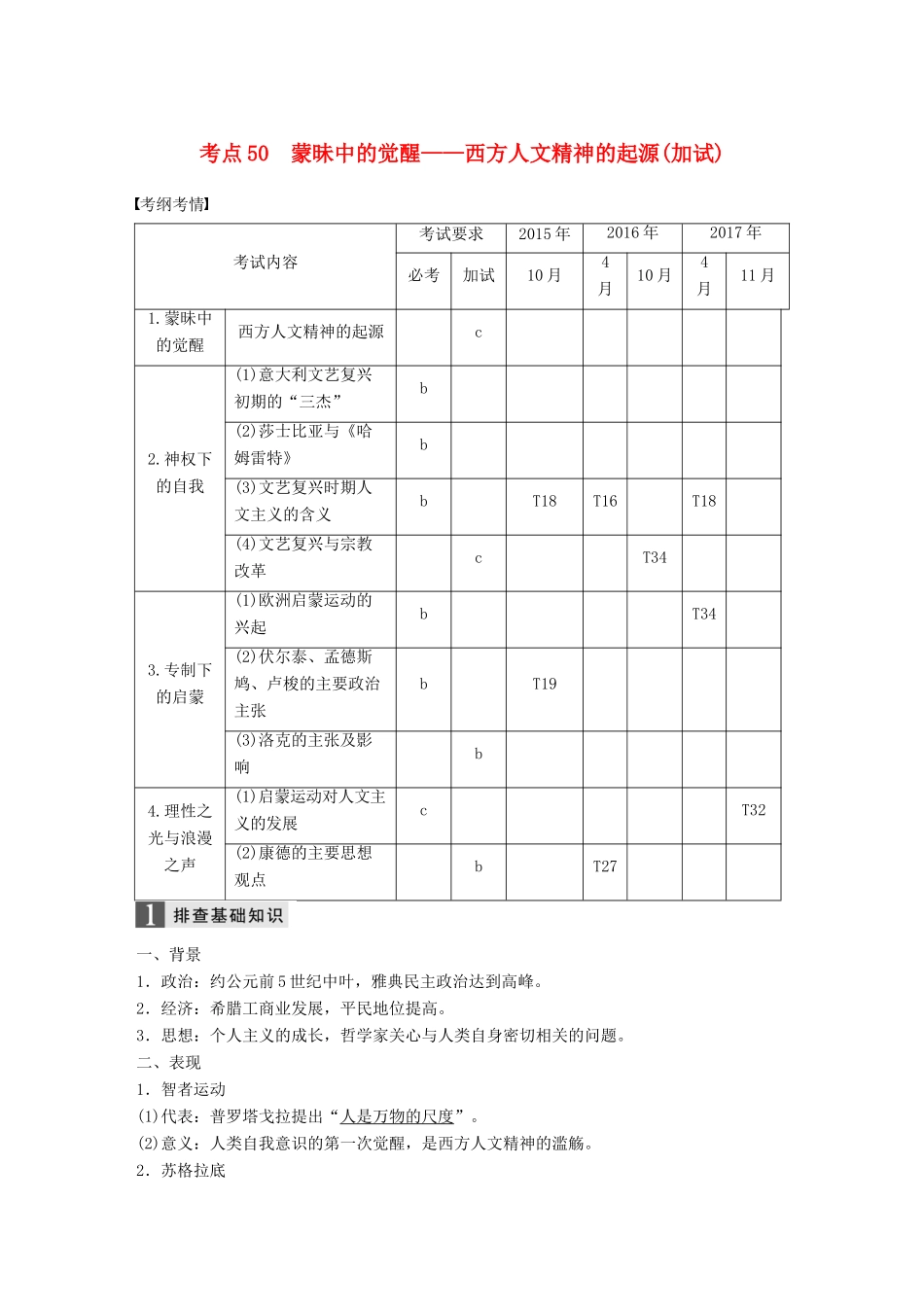 （浙江选考）高考历史一轮总复习 专题十九 西方人文精神的起源与发展 考点50 蒙昧中的觉醒——西方人文精神的起源（加试）学案-人教版高三全册历史学案_第1页