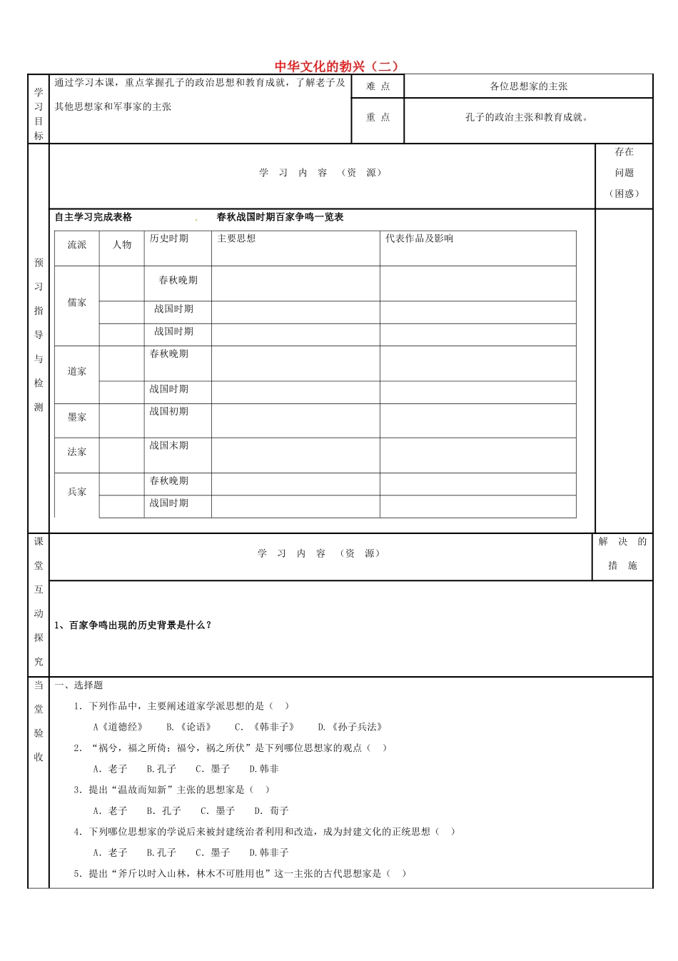吉林省磐石市三棚中学七年级历史上册《第9课 中华文化的勃兴（二）》学案（无答案） 新人教版_第1页