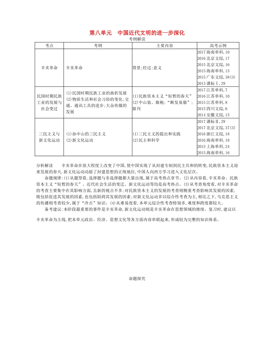 （新课标版）高考历史一轮复习 第八单元 中国近代文明的进一步深化讲学案-人教版高三全册历史学案_第1页