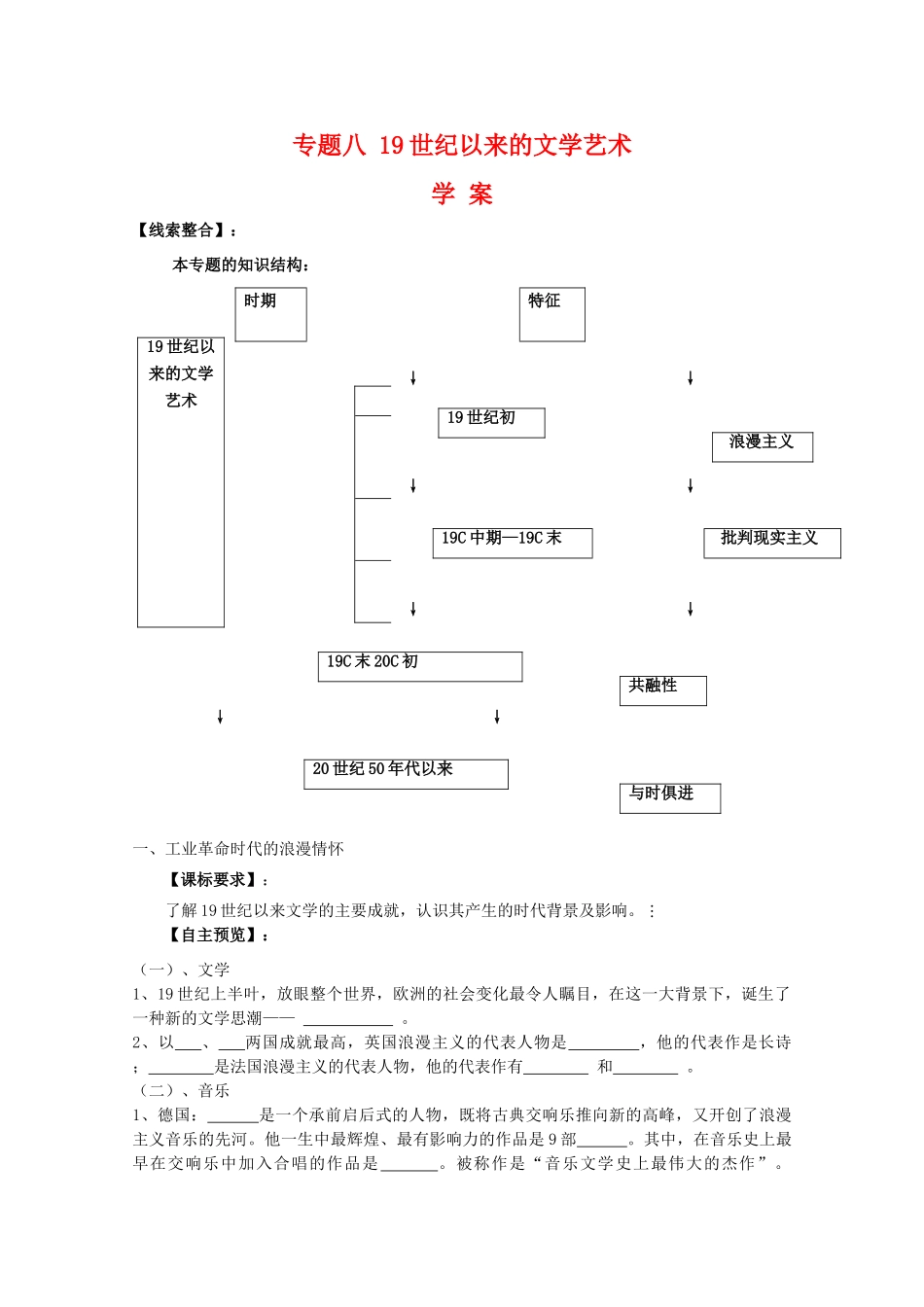 高二历史：专题八《19世纪以来的文学艺术》学案(人民版07版必修3)_第1页
