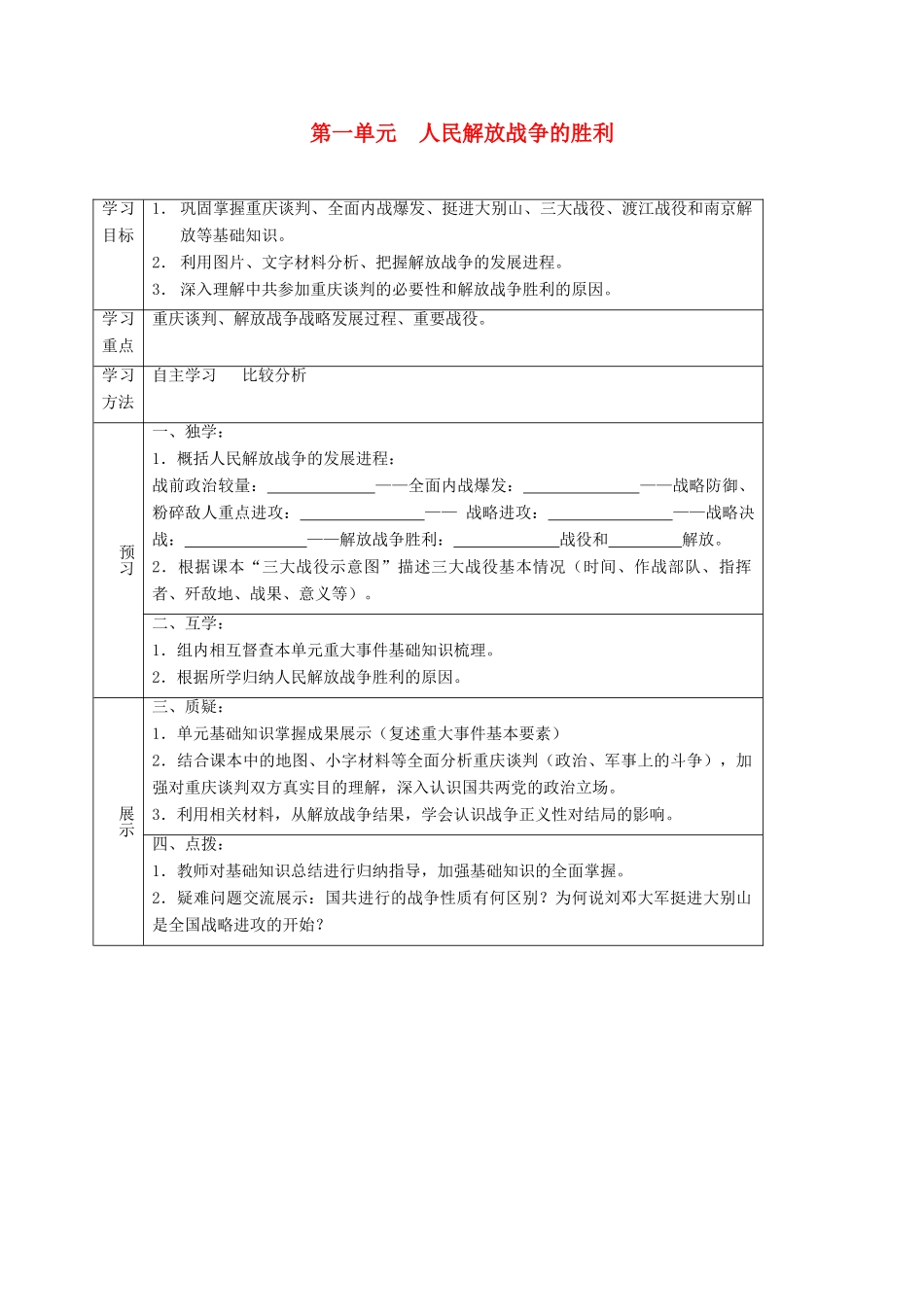 四川省宜宾县八年级历史上册 第五单元 人民解放战争的胜利复习学案 新人教版-新人教版初中八年级上册历史学案_第1页