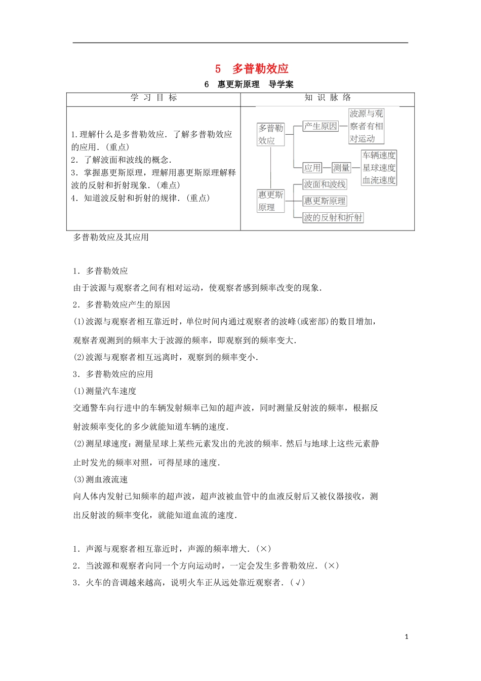 高中物理 第十二章 机械波 第5节 多普勒效应 第6节 惠更斯原理学案 新人教版选修3-4-新人教版高二选修3-4物理学案_第1页