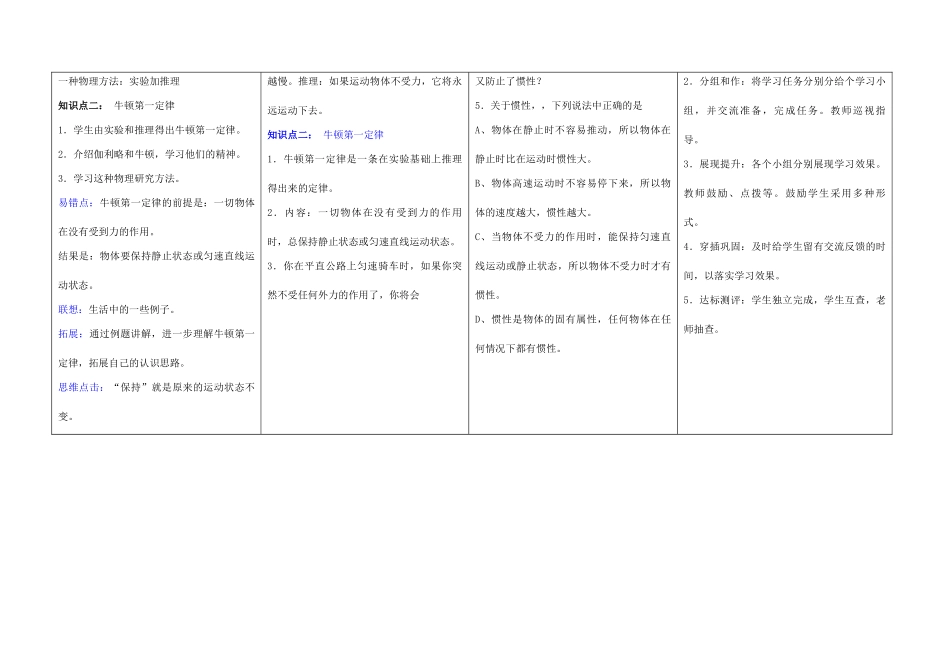 八年级物理 牛顿第一定律 杜郎口导学案 人教新课标版_第2页
