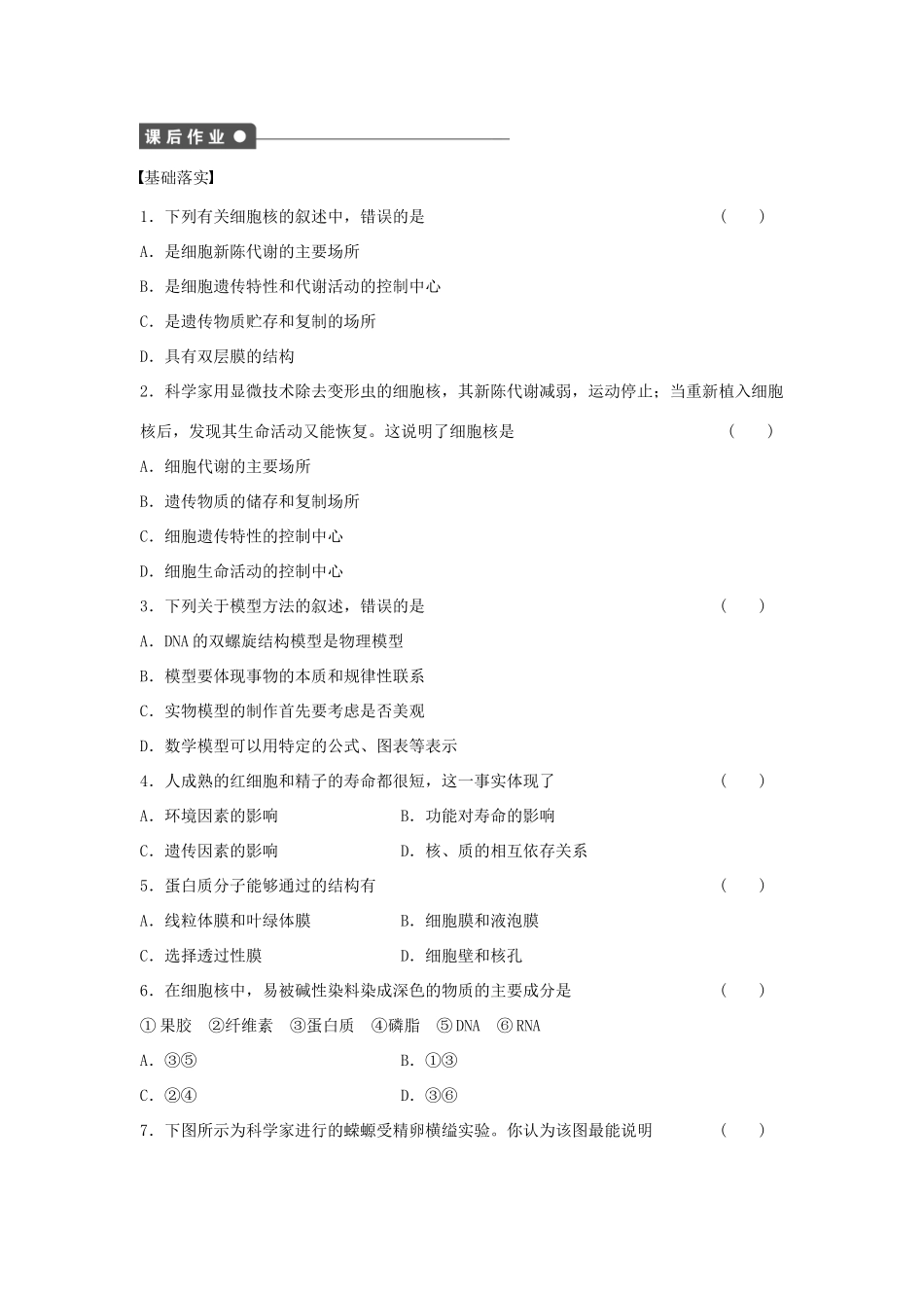 高中生物 第三章 细胞的基本结构 第11课时 细胞核 系统的控制中心课时作业 新人教版必修1-新人教版高一必修1生物学案_第3页