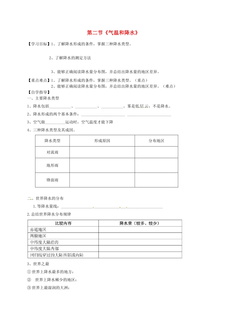 七年级地理上册《4.2 气温和降水》学案（无答案）（新版）湘教版-（新版）湘教版初中七年级上册地理学案_第1页