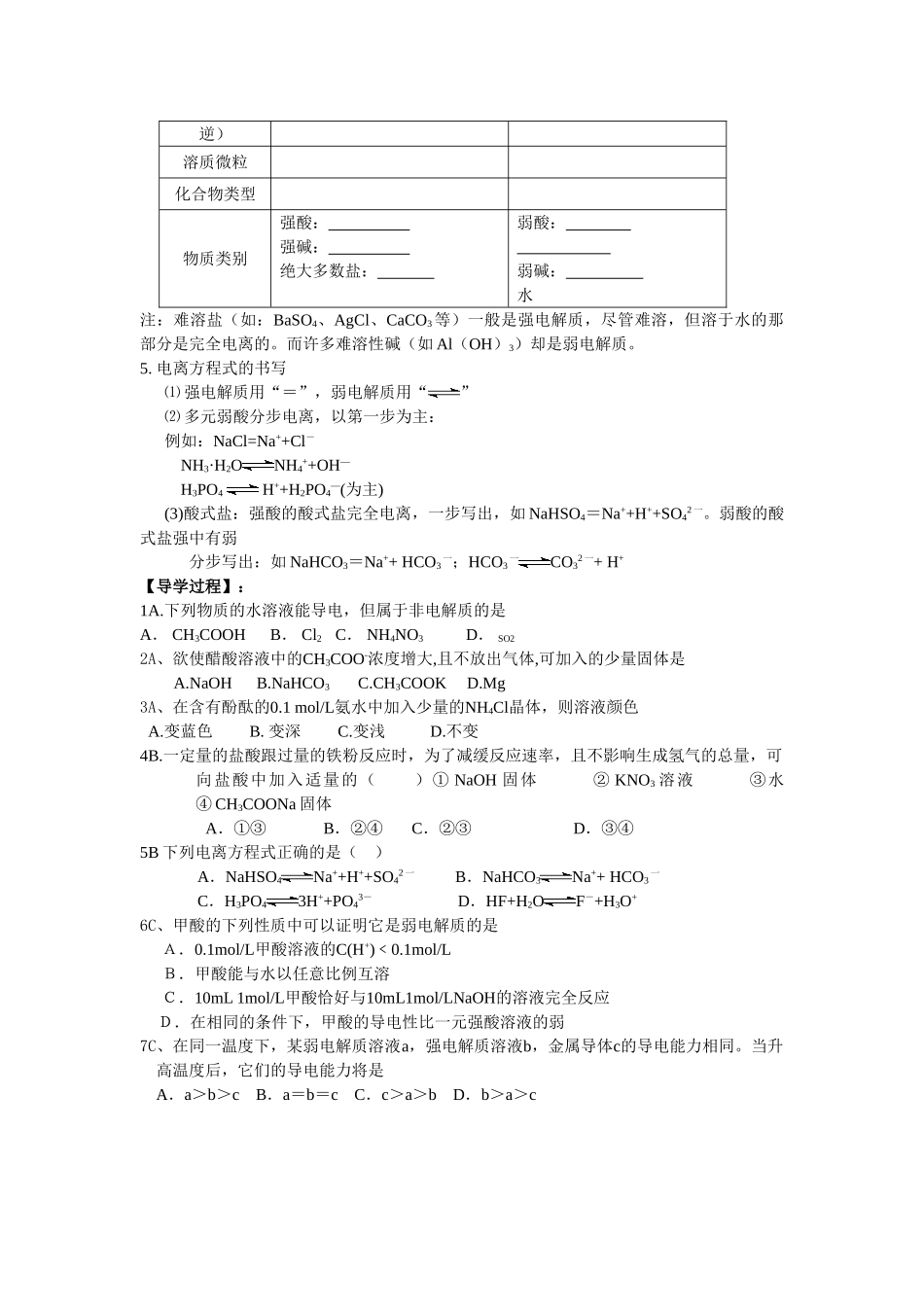 高二化学第三专题弱电解质的电离平衡导学案（第一课时）苏教版选修4_第2页
