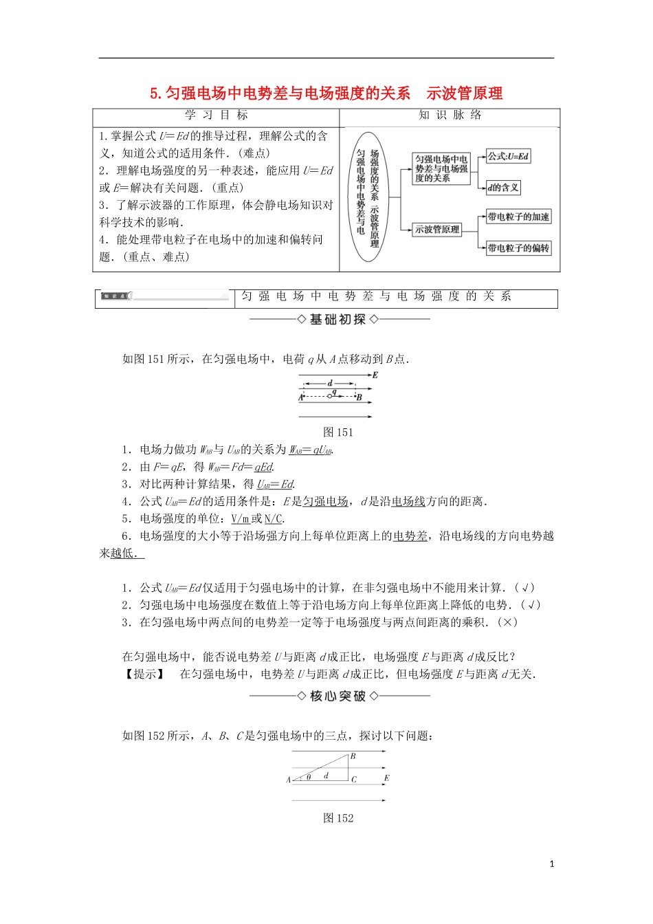高中物理 第一章 静电场 5 匀强电场中电势差与电场强度的关系 示波管原理学案 教科版选修3-1-教科版高二选修3-1物理学案_第1页