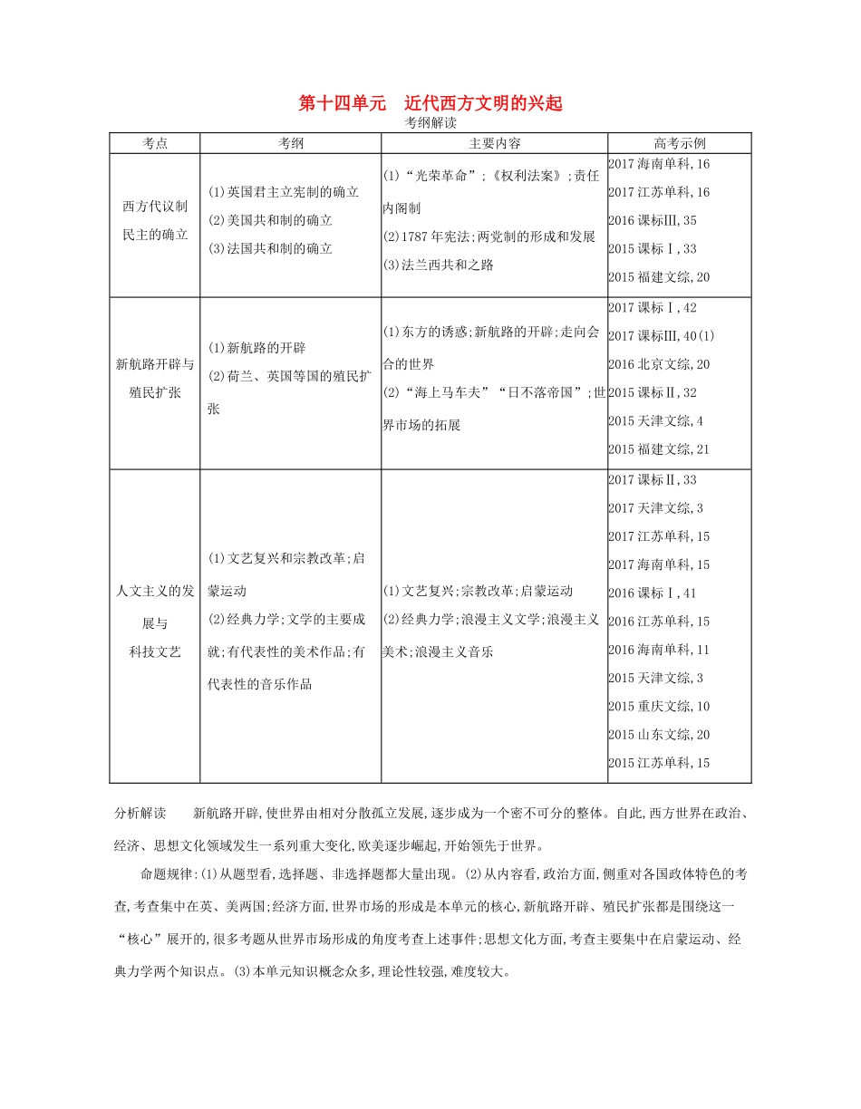 （新课标版）高考历史一轮复习 第十四单元 近代西方文明的兴起讲学案-人教版高三全册历史学案_第1页