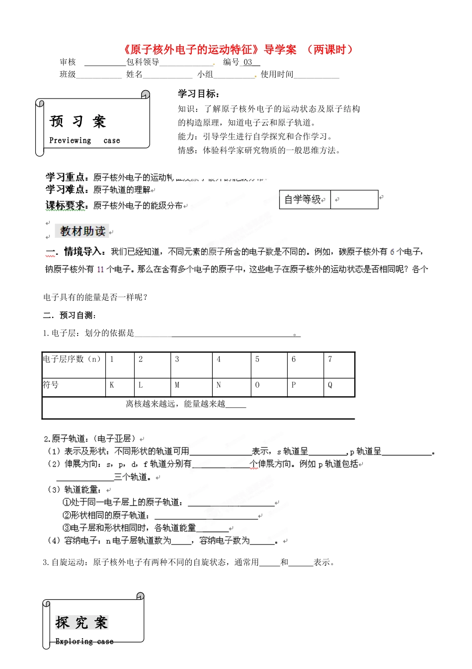 福建省福清西山学校高中化学 专题二原子核外电子的运动特征学案 新人教版选修3_第1页
