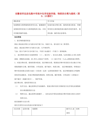 安徽省怀远县包集中学高中化学 物质的分离与提纯（第9、10课时）实验学案