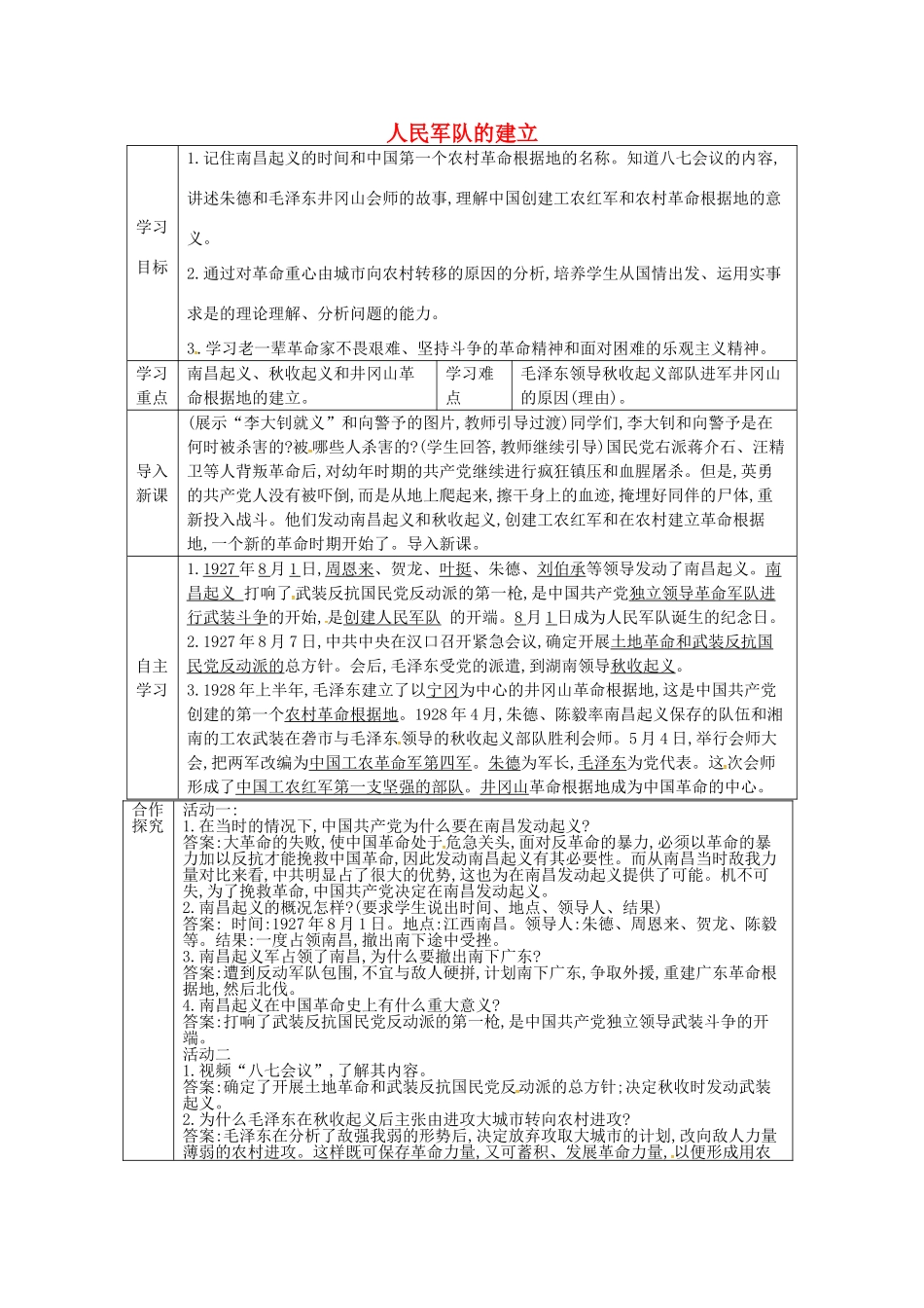 八年级历史上册 第11课 人民军队的建立学案2 川教版-川教版初中八年级上册历史学案_第1页