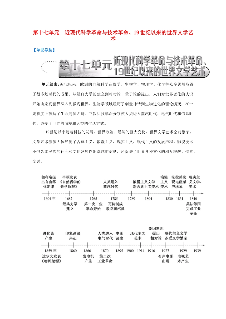 （江苏专版）高考历史一轮复习 第17单元 近现代科学革命与技术革命、19世纪以来的世界文学艺术导学案-人教版高三全册历史学案_第1页