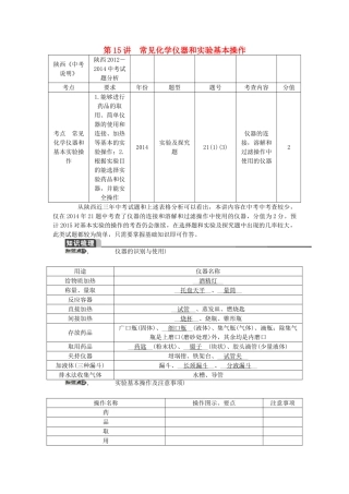 【聚焦中考】（教师用书）陕西省2015中考化学总复习 第一轮 第15讲 常见化学仪器和实验基本操作教案