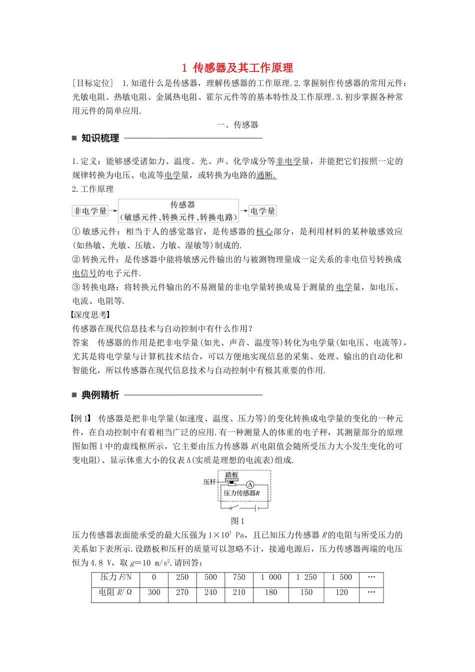 高中物理 第六章 传感器 1 传感器及其工作原理学案 新人教版选修3-2-新人教版高二选修3-2物理学案_第1页