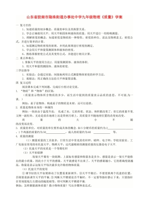 山东省胶南市隐珠街道办事处中学九年级物理《质量》学案