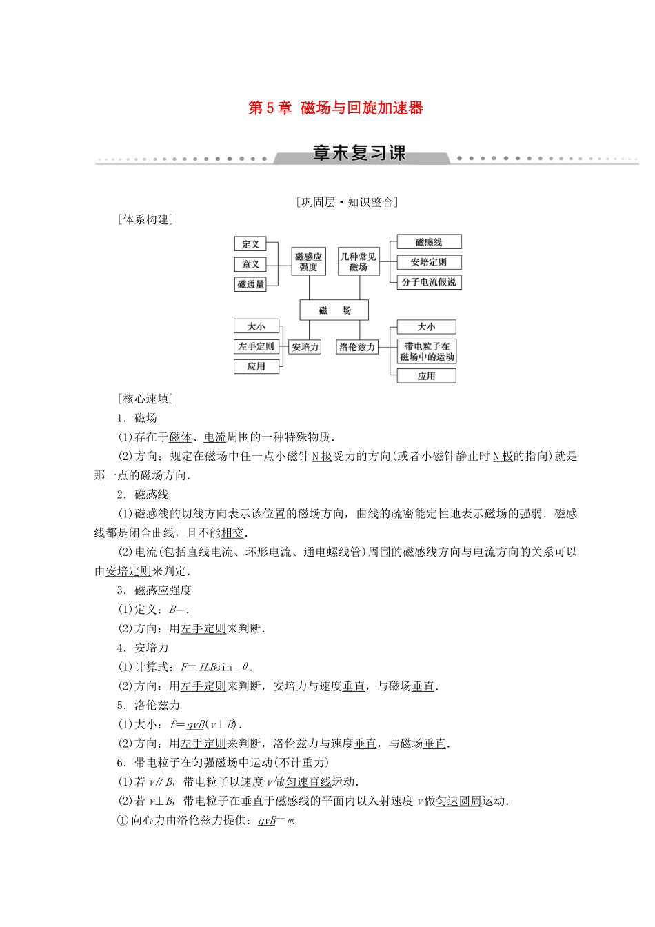 高中物理 第5章 磁场与回旋加速器章末复习课学案 沪科版选修3-1-沪科版高二选修3-1物理学案_第1页