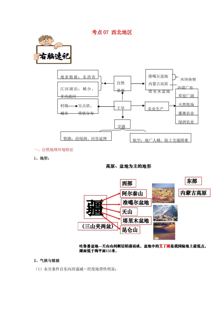 备战高考地理《右脑速记左脑速练》中国地理篇 考点07 西北地区学案-人教版高三全册地理学案_第1页