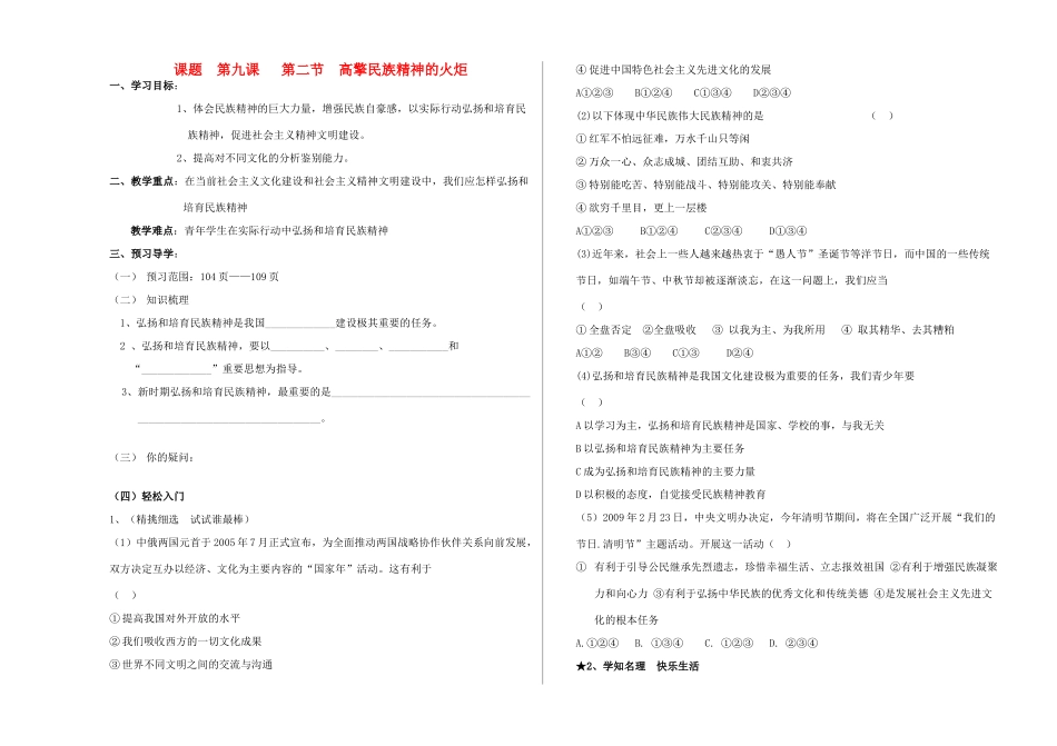 九年级政治 高擎民族精神的火炬学案1 鲁教版_第1页