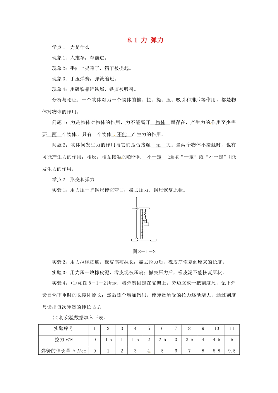 2015年春八年级物理下册 8.1 力 弹力学点练习 （新版）苏科版_第1页