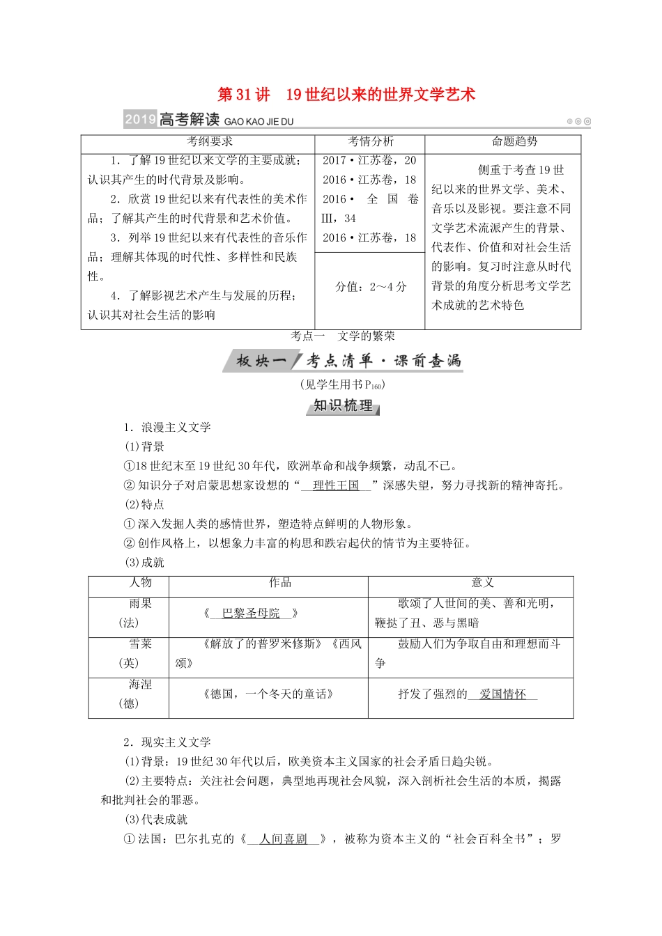 （全国通用版）高考历史大一轮复习 第十六单元 近代以来世界科技发展及文学艺术 第31讲 19世纪以来的世界文学艺术学案-人教版高三全册历史学案_第1页