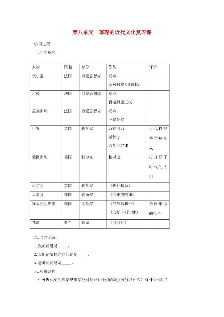 山东省新泰市汶城中学九年级历史上册 第八单元 璀璨的近代文化复习课导学案 新人教版_第1页