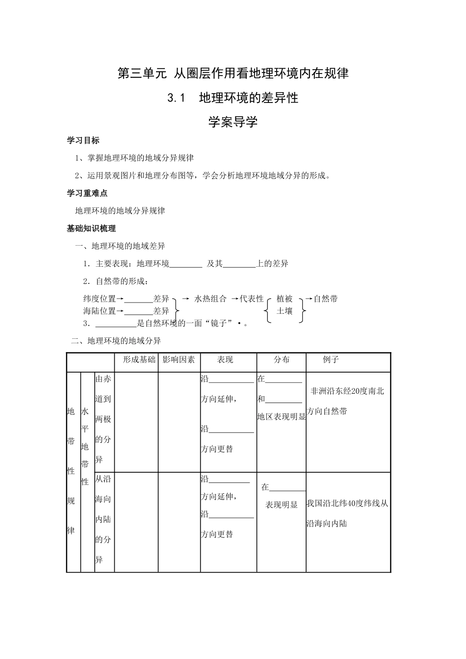 地理：3.1《地理环境的差异性》学案（鲁教版必修1）_第1页