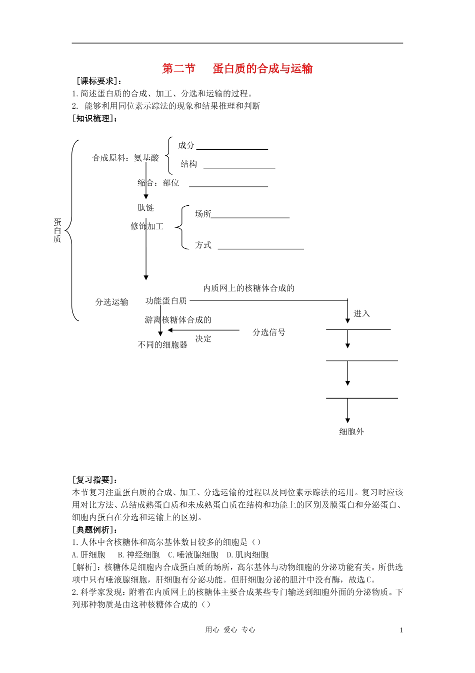 高中生物《蛋白质的合成与运输》学案2 中图版必修1_第1页