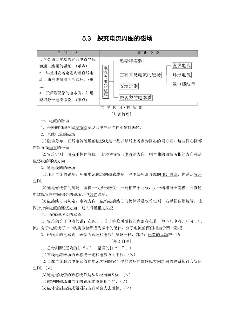 高中物理 第5章 磁场与回旋加速器 5.3 探究电流周围的磁场学案 沪科版选修3-1-沪科版高二选修3-1物理学案_第1页