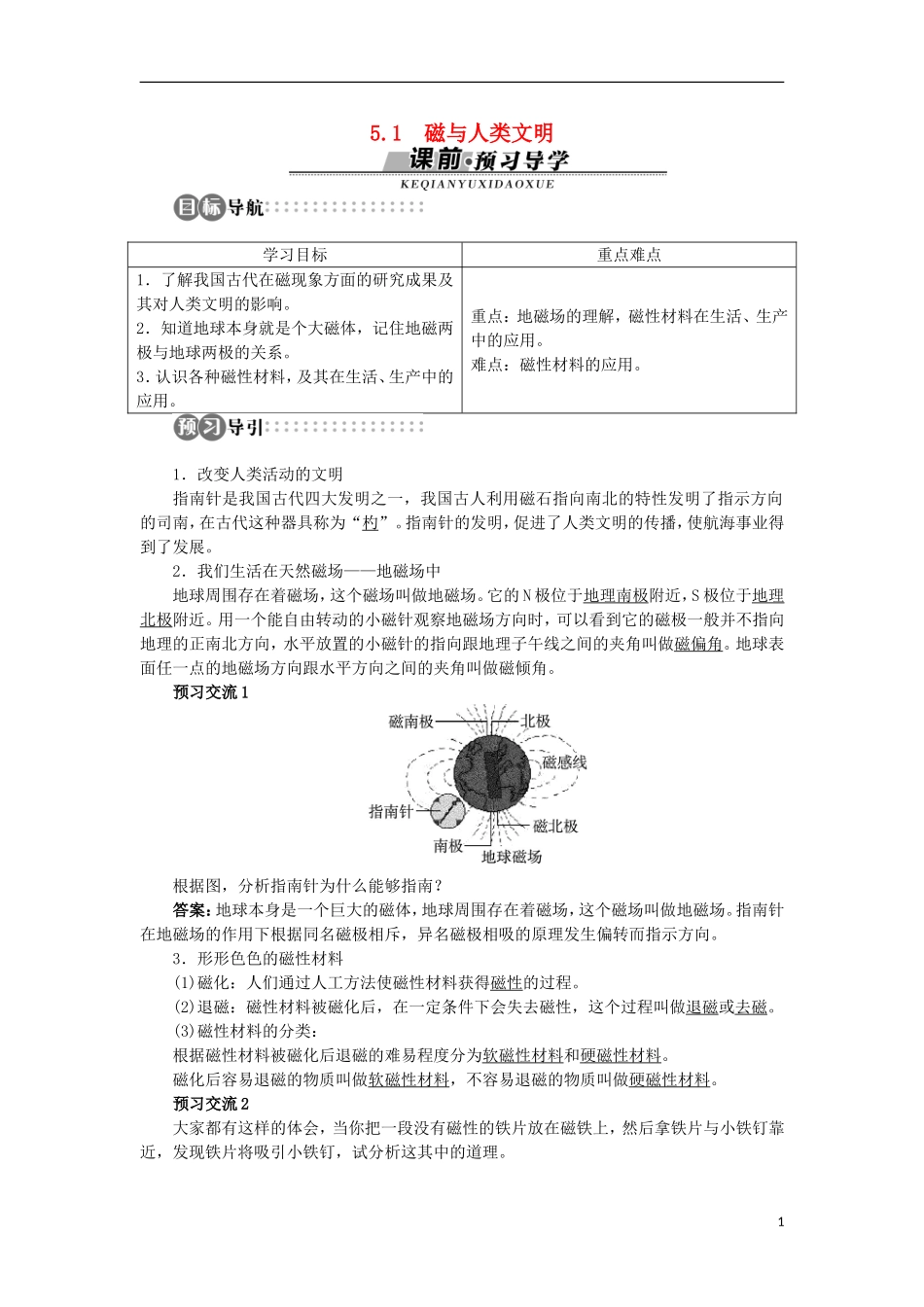高中物理 第5章 磁场与回旋加速器 5.1 磁与人类文明学案 沪科版选修3-1-沪科版高二选修3-1物理学案_第1页