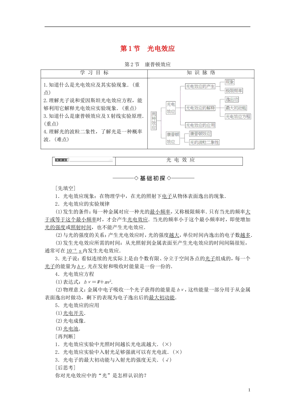 高中物理 第5章 波与粒子 第1节 光电效应 第2节 康普顿效应教师用书 鲁科版选修3-5-鲁科版高中选修3-5物理学案_第1页