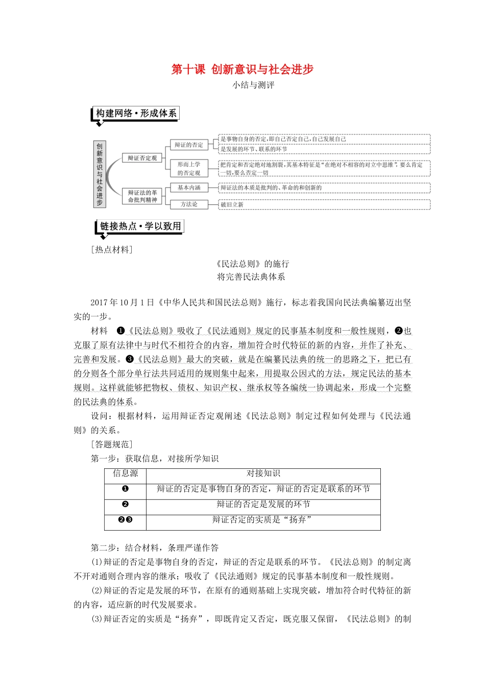 高中政治 第三单元 思想方法与创新意识 第十课 创新意识与社会进步小结与测评讲义 新人教版必修4-新人教版高二必修4政治教案_第1页