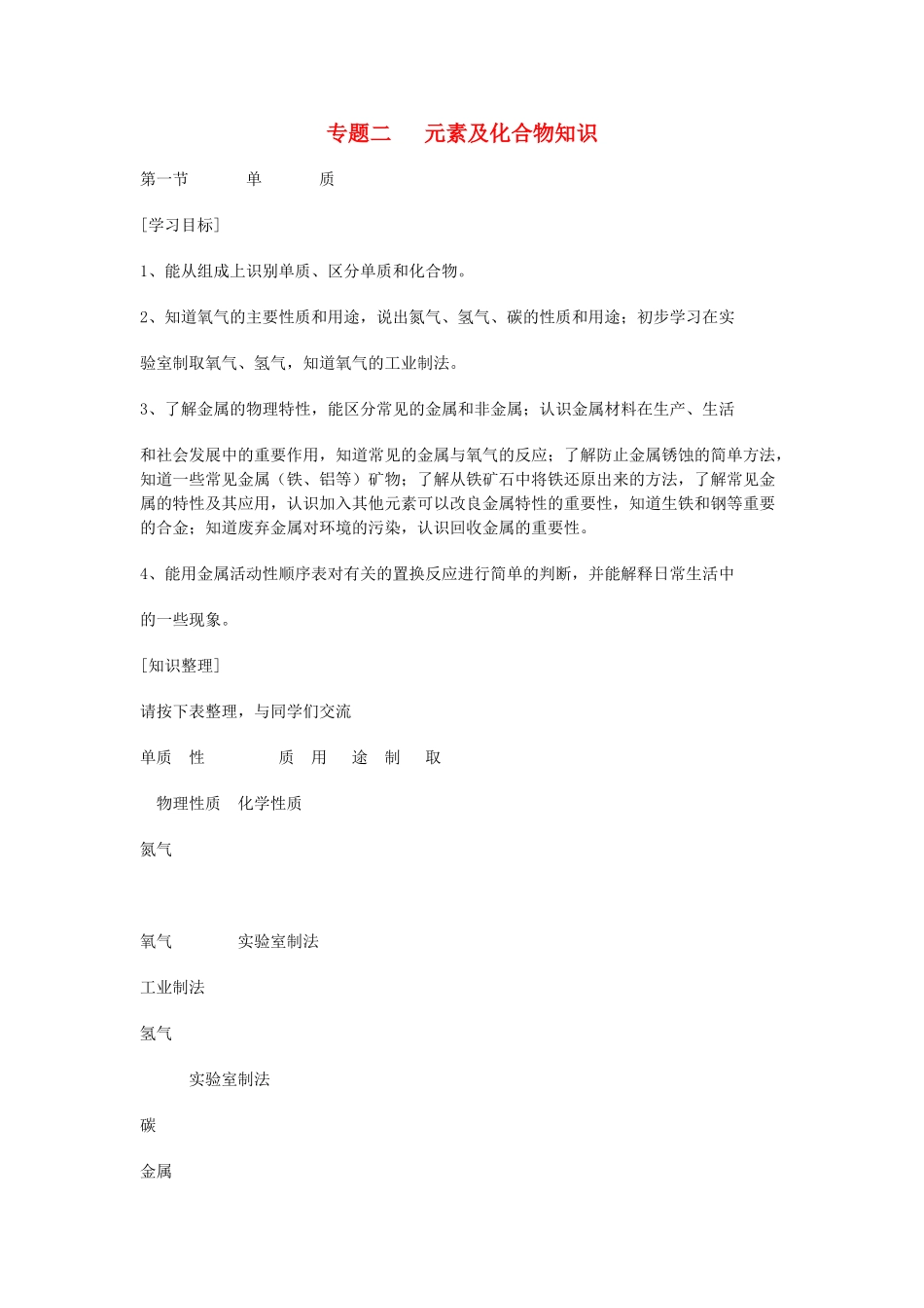 中考化学专题复习二 元素及化合物知识学案-人教版初中九年级全册化学学案_第1页