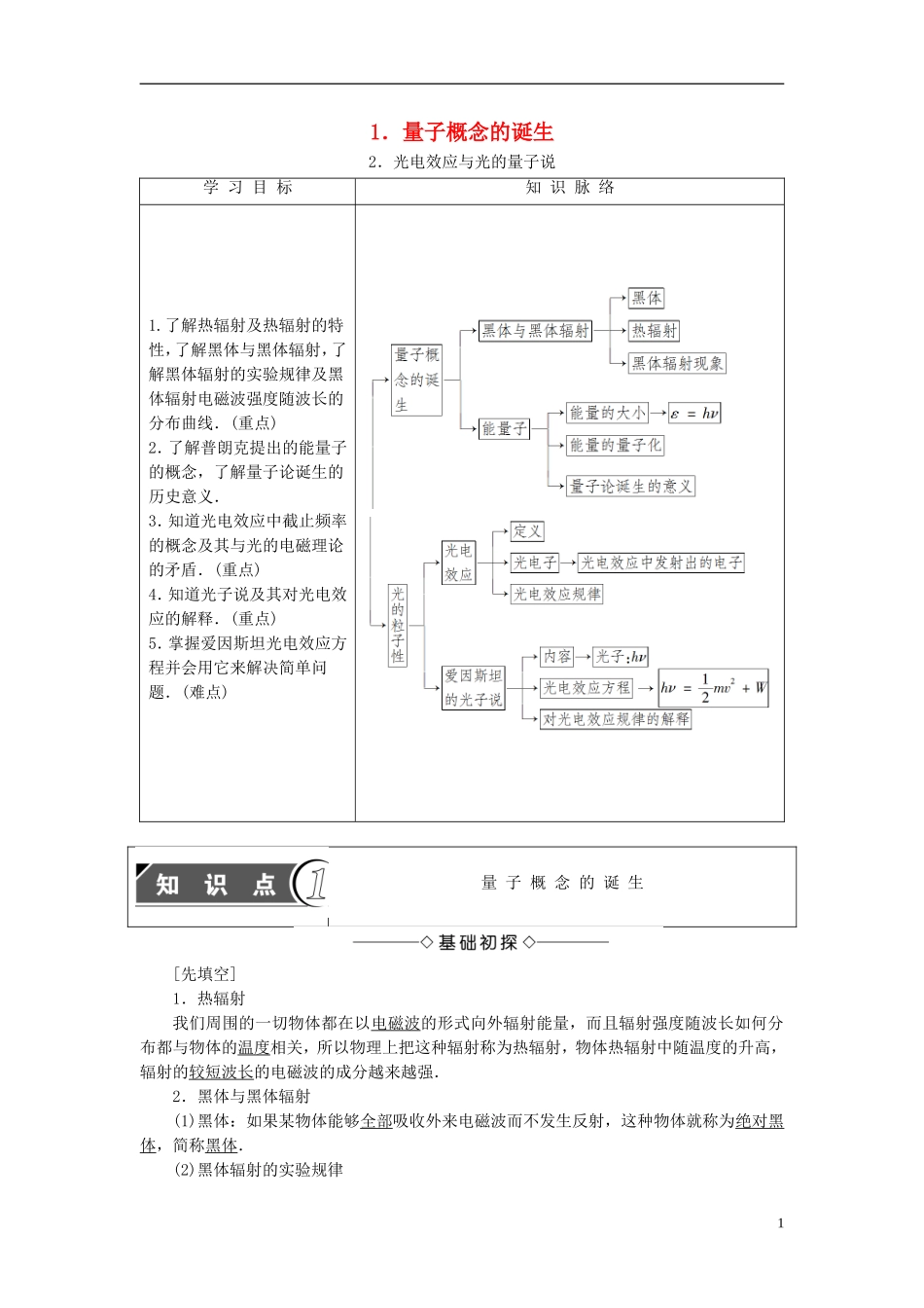 高中物理 第4章 波粒二象性 1 量子概念的诞生 2 光电效应与光的量子说教师用书 教科版选修3-5-教科版高二选修3-5物理学案_第1页