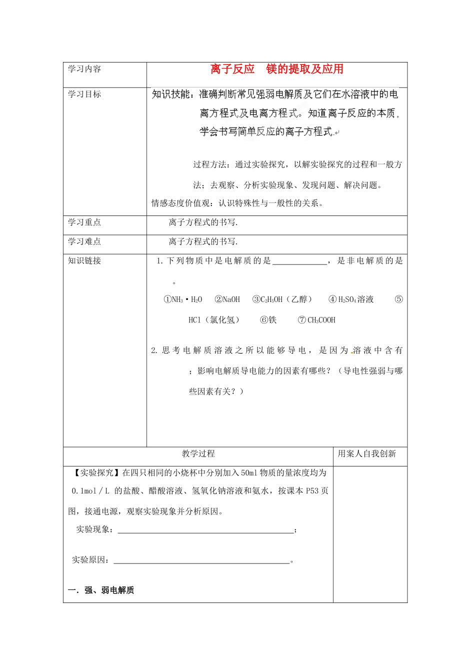 【名校联盟】江苏省新沂市王楼中学高一化学《2.4离子反应》学案_第1页