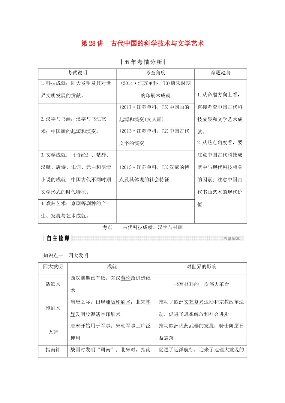 （江苏专用）高考历史一轮复习 第十三单元 中国传统文化主流思想的演变和中国古代的科学技术与文化艺术 第28讲 古代中国的科学技术与文学艺术学案 新人教版-新人教版高三全册历史学案_第1页