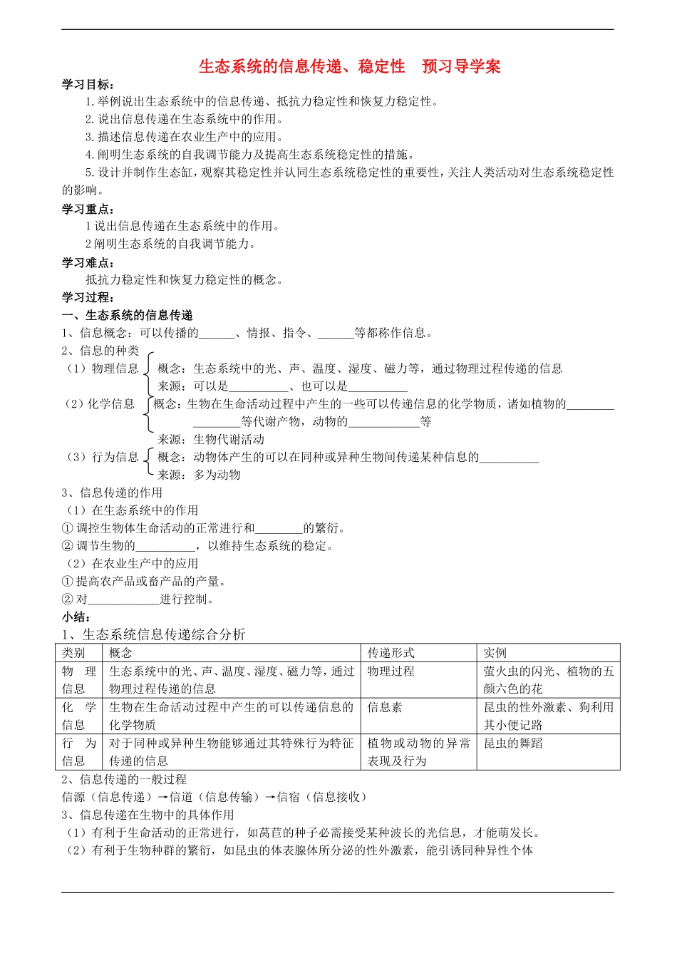 高中生物预习学案：：5.5《生态系统的信息传递、稳定性》（新人教版必修3）_第1页