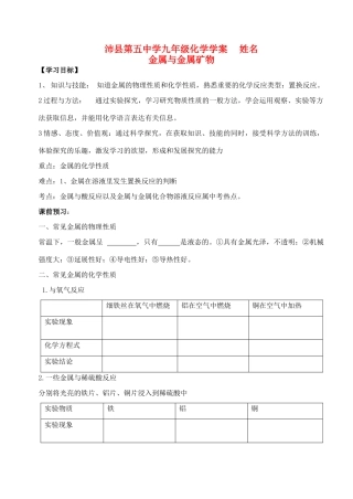 九年级化学第五章金属与金属矿物学案沪教版
