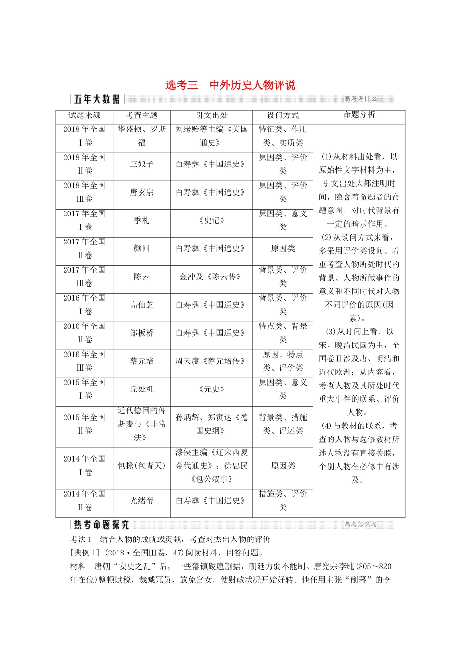 （通史版）高考历史二轮复习 板块四 选考内容 选考三 中外历史人物评说学案-人教版高三全册历史学案_第1页