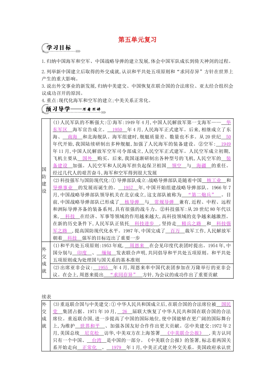 八年级历史下册 第五单元 复习导学案 中华书局版-中华书局版初中八年级下册历史学案_第1页