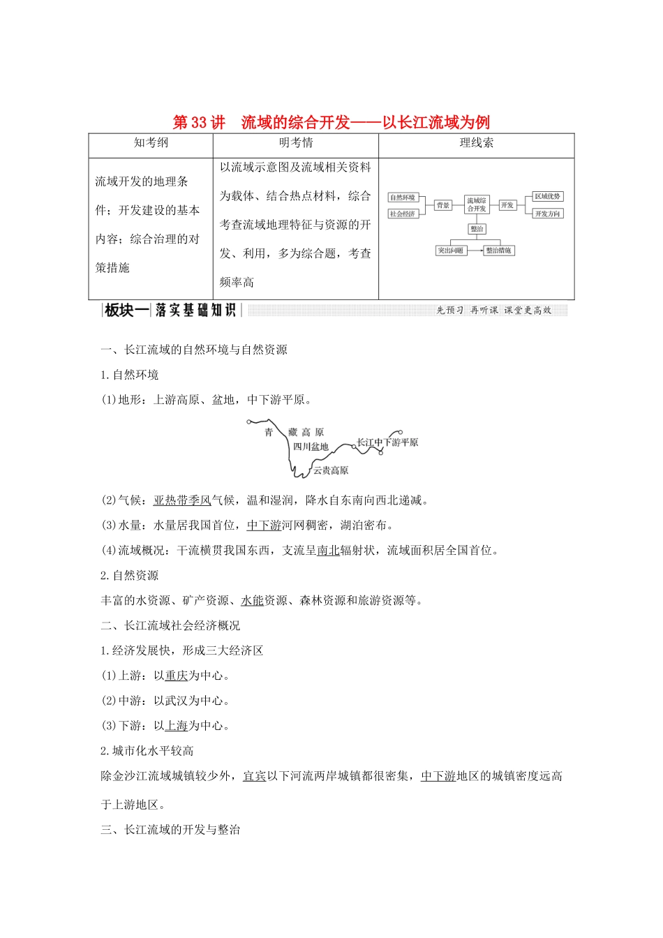 高考地理大一轮复习 第十三单元 区域综合开发与可持续发展 第33讲 流域的综合开发——以长江流域为例学案 鲁教版-鲁教版高三全册地理学案_第1页
