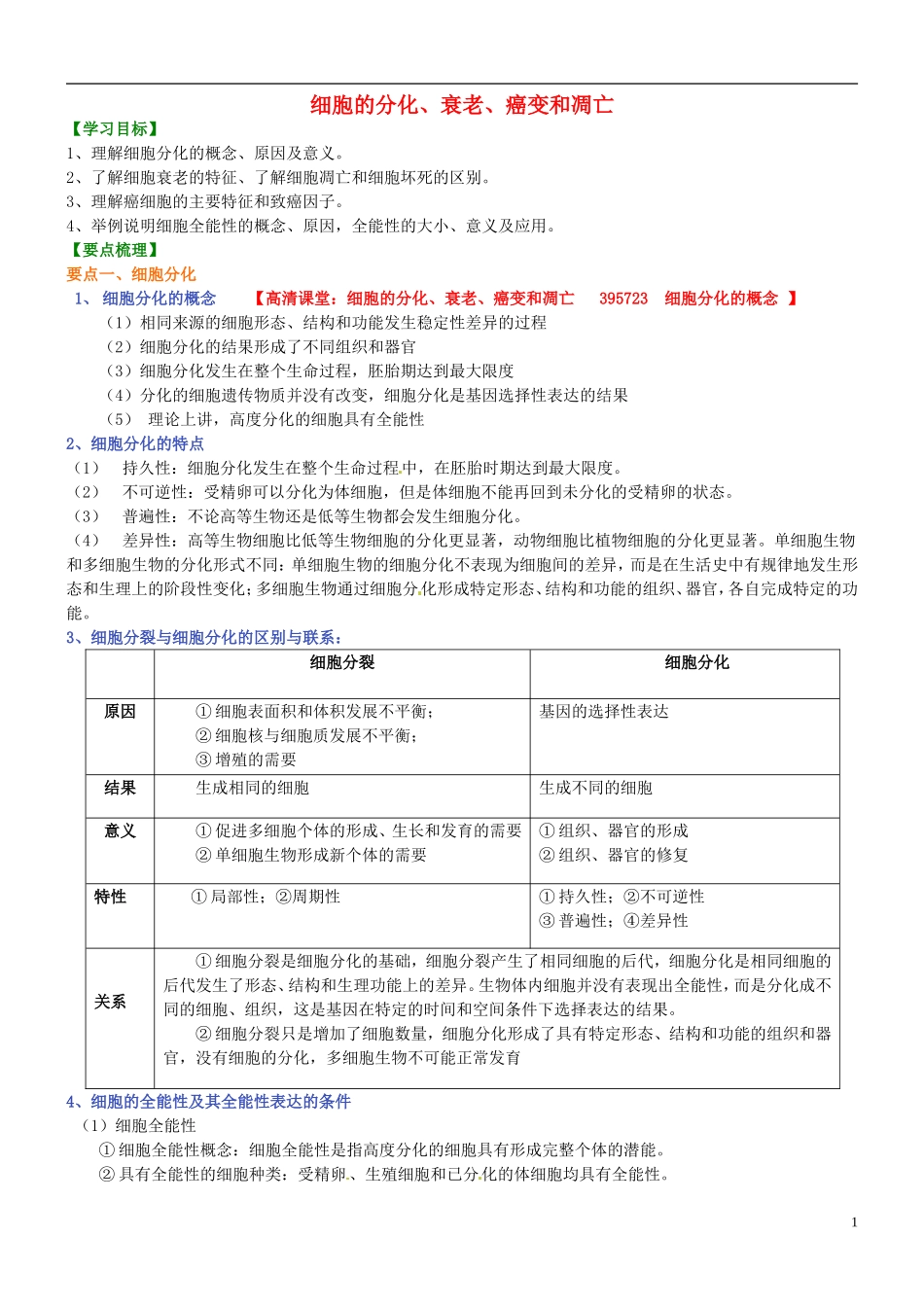 高中生物 细胞的分化、衰老、癌变和凋亡学案 新人教版必修1-新人教版高一必修1生物学案_第1页
