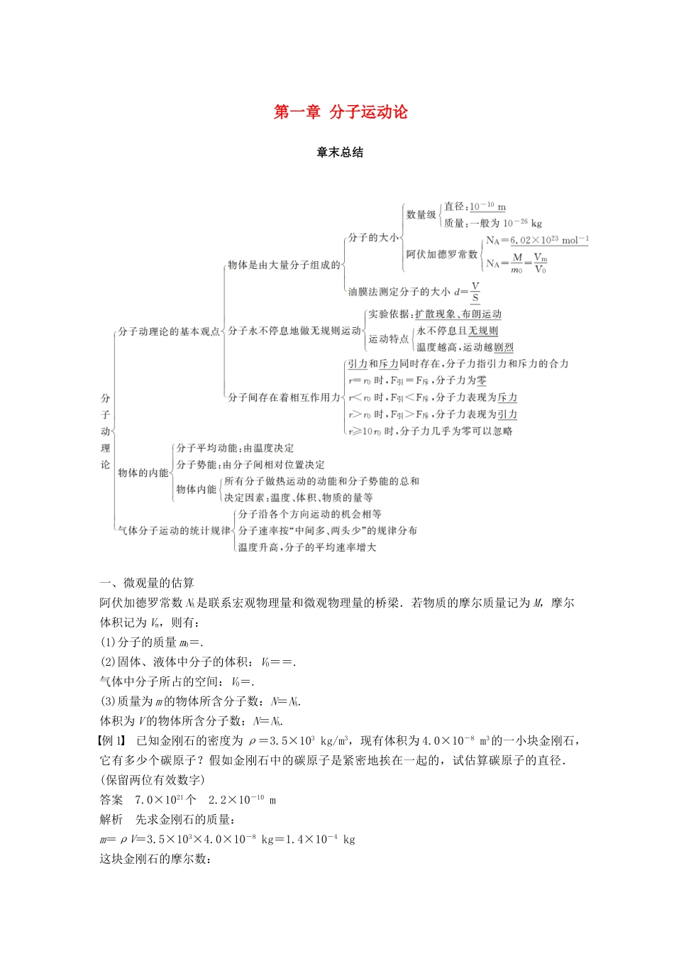 高中物理 第一章 分子运动论章末总结学案 粤教版选修3-3-粤教版高二选修3-3物理学案_第1页