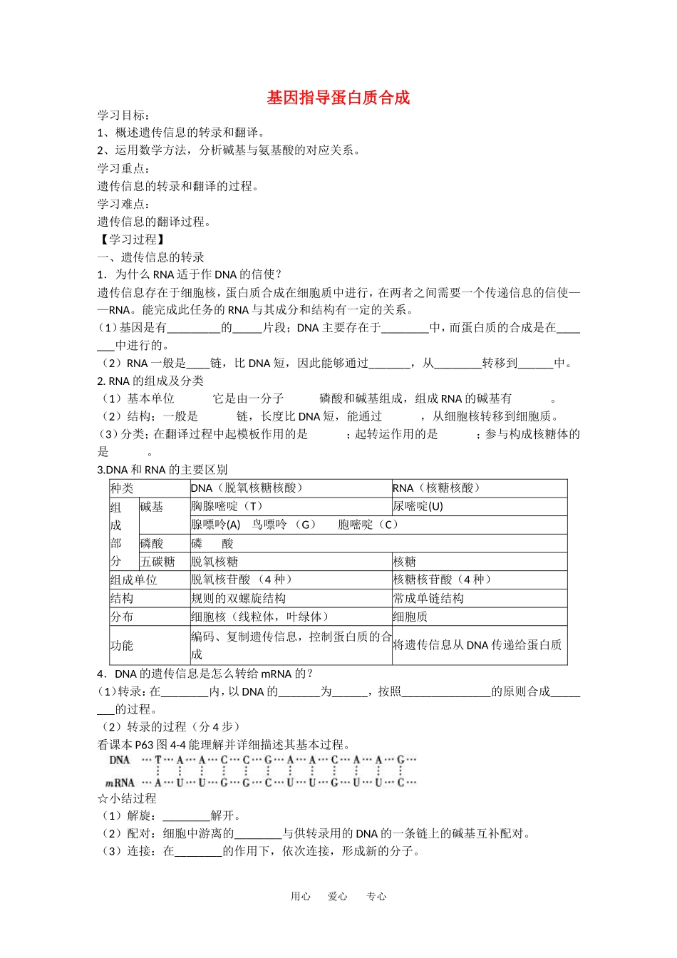 高中生物：4.1《基因指导蛋白质的合成》学案（1）（新人教版必修2）_第1页