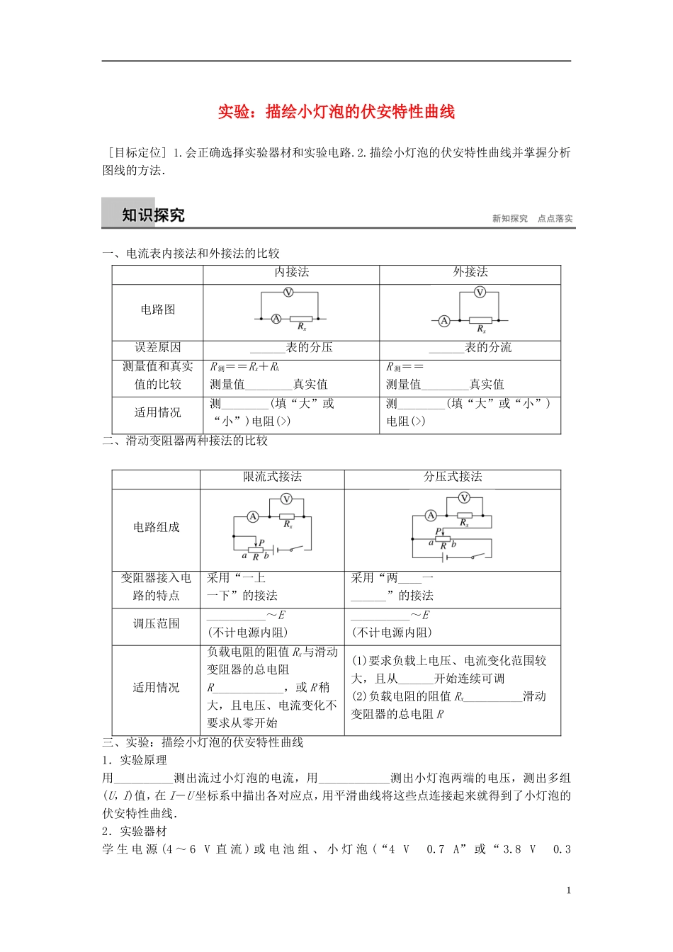 高中物理 第3章 从电表电路到集成电路 3.6 实验：描绘小灯泡的伏安特性曲线学案 沪科版选修3-1-沪科版高二选修3-1物理学案_第1页